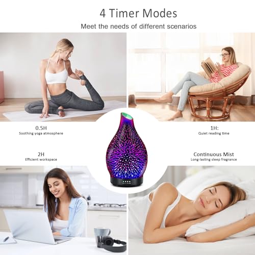Essential Oil Diffuser 150ML -3D Firework Glass Aromatherapy Diffusers for Essential Oils with 4 Timer Setting Auto Shut-O...