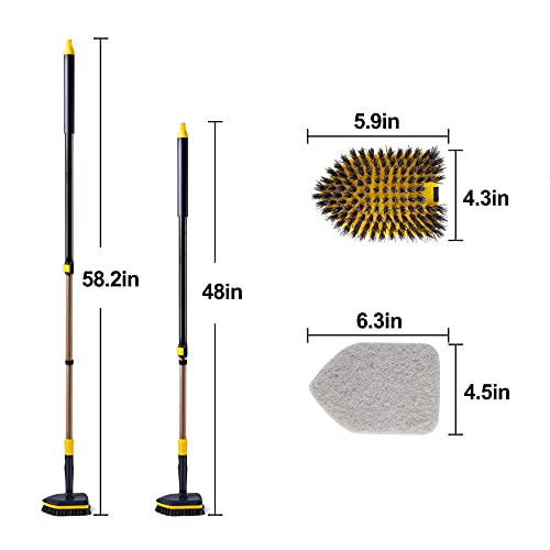 Yocada Tub Tile Scrubber Brush 2 in 1 Cleaning Brush 58.2 Inch Adjustable Telescopic Pole Stiff Bristles Scouring Pads for...