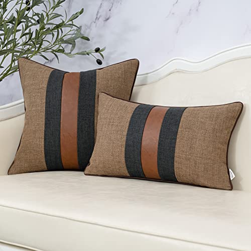 Yangest Patchwork Pillow Cover 18x18 Inch Luxury Cotton and Linen Cushion Cover Faux Leather Pillowcover for Couch Bedroom...
