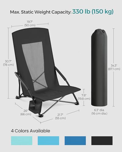 SONGMICS Set of 2 Portable Beach Chairs for Adults, Max. Load 330 lb Each, High Backrest, Cup Holder, Lightweight, Heavy-D...