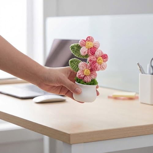 Knitting Crochet Puff Flowers Potted Plants, Gradient Colorful Flowers for Friends, Family and Lover, Handmade Flowers for...