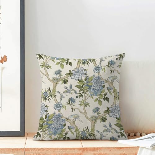 Sorktse Chinoiserie Pillow Covers 18x18 Inch Set of 2 Blue Green Floral Bird Throw Pillows Vintage Chinoiserie Flower Pill...