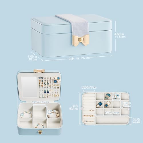 Lolalet 2 Layer Jewelry Box for Teen Girls & Young Women, Jewelry Organizer Case with Bow Clasp and Mirror for Earrings Ri...