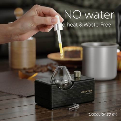Black Obsidian Waterless Essential Oil Diffuser with Real Wood Base for Aromatherapy, Modern Smoky Glass Oil Diffuser, Cor...