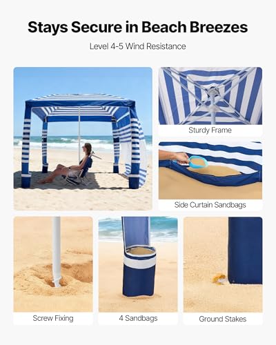 VEVOR Beach Cabana, 8 x 8 ft Beach Canopy with Side Wall, UPF 50+ Protection Easy Setup Cabana Tent with Sand Pockets, Adj...