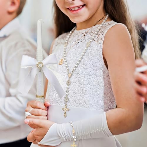 WILLBOND 3 Pcs Baptism Candle Gifts Set First Communion Rosary and Candle Set Catholic Bracelets Cross Necklace Holy Commu...