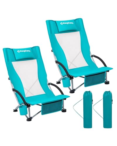 KingCamp Low Beach Chair, High Back Folding Camping Chair for Adults, Oversized Breathable Mesh Seat, 300lbs Heavy Duty Po...