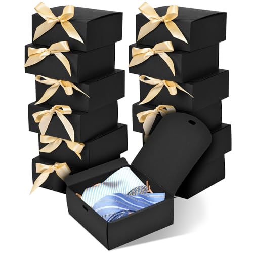 WLUSEAXI 12pack Small Gift Boxes with Lids for Presents, 4.5''x4.5''x2'' Black Gift Boxes with Ribbons, Party Boxes for Pa...