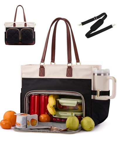 LOVEVOOK Laptop Lunch Bag Combo for Women, 15.6" Laptop Tote with Insulated Lunch Compartment & Cup Holder,Large Work Bag ...