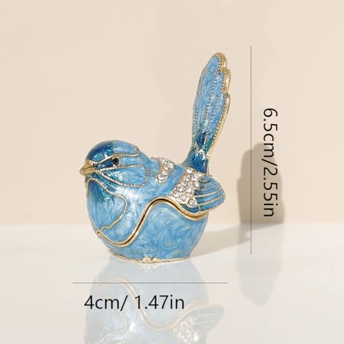 Exquisite Hand - Painted Enamel Blue Bird Trinket Box Hinged Rhinestone - Adorned Mini Jewelry Organizer for Rings & Neckl...