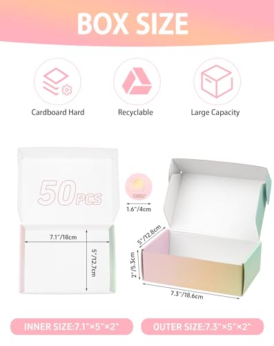 7x5x2 Inch Small Shipping Boxes, Pack of 50 Colored Cardboard Boxes, Cute Mailing Packaging Box for Gift