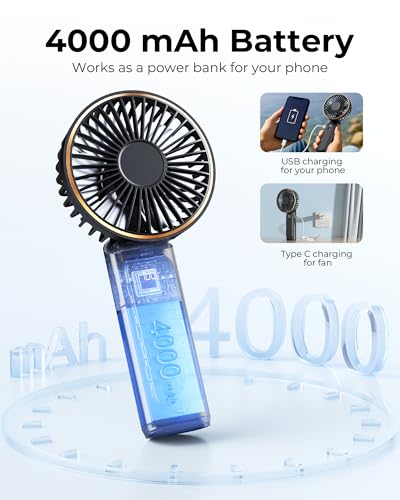 TUNISE Portable Handheld Fan, Portable Fan Rechargeable, 4000mAh, 180° Adjustable, 6 Speed Wind, Display Electricity in Re...