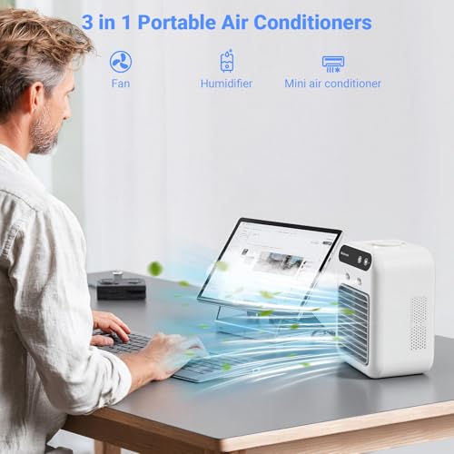 Portable Air Conditioner, Personal Cooling Fan with Humidifier, 2 Spray Modes, 2 Speeds, 4000mAh Rechargeable Battery, Qui...