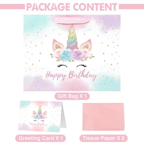 13" Large Unicorn Birthday Gift Bag with Card and Tissue Paper for Baby Girls and Kids Birthday (13in Pink)