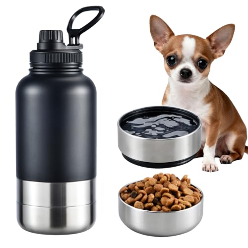 Cibaabo Insulated Dog Water Bottle with 2 Bowls, 32oz Travel Stainless Steel Double Wall Thermos, Portable Pet Dispenser, ...