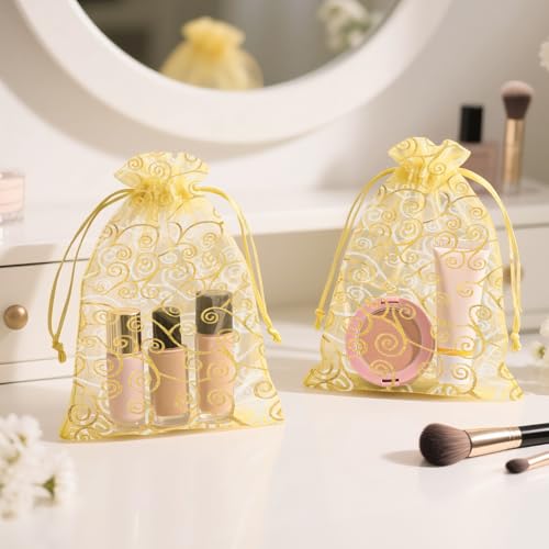 joycraft 50Pcs Organza Gift Bags - 5x7 In Gold Mesh Gift Drawstring Bags, Organza Party Favor Pouch for Valentine's Day, W...