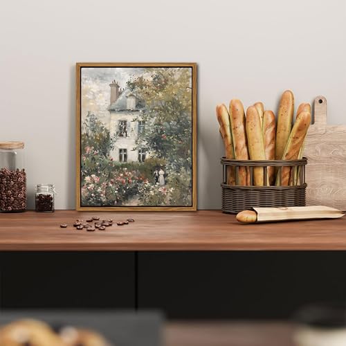 Floating Framed Canvas Vintage Wall Art, Neutral English Cottage Rose Garden Oil Paintings Print, Spring Pictures Wall Dec...