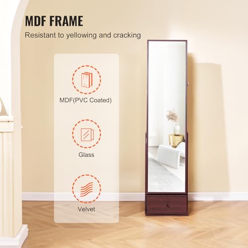 VEVOR 360° Swivel Jewelry Cabinet Armoire, 63-Inch Tall Lockable Jewelry Organizer with Full-Length Mirror, LED Light, Vel...