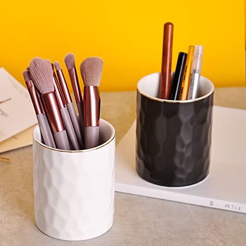 WHJY Ceramic White Pencil Cup, Makeup brushes Holder, Gold Pen Holder for Desk Cute Small Boho Brush Holder, Modern Geomet...