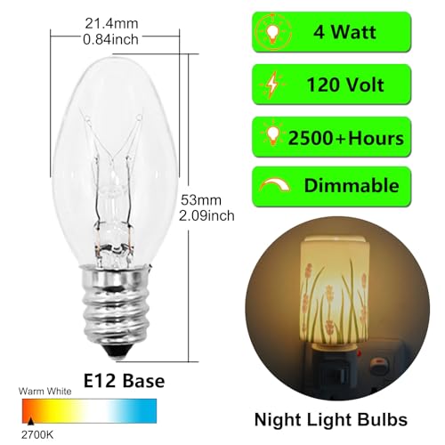 PaeorRorL Night Light Bulbs 4 Watt 15 Pack E12 Base Dimmable Plug in Night Light Bulbs - C7 Small Light Bulb Replacement f...
