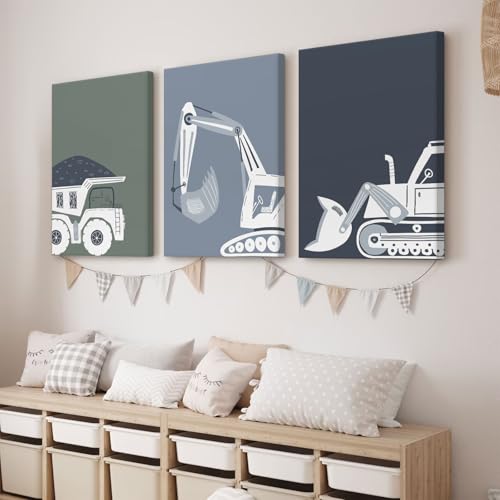 Construction Truck Wall Art Decor Toddler Boys Room Canvas Wall Art Tractor Vehicle Posters Dump Truck Wall Art Kids Bulld...