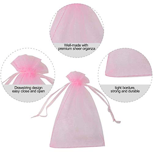 50 Pcs 4x6 inches Gift Wrap Bags Pink, Organza Sheer See Through Fabric, Drawstring Satin Ribbon Pouches for Baby Shower F...