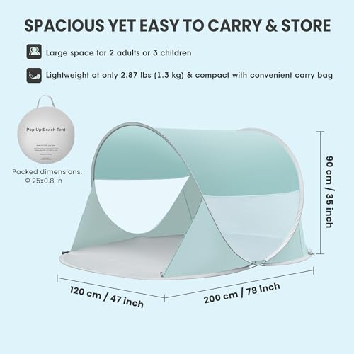 Pop Up Beach Tent, UPF 50+ Sun Shade Shelter, Instant Setup Waterproof Outdoor Beach Canopy, Windproof Lightweight Portabl...