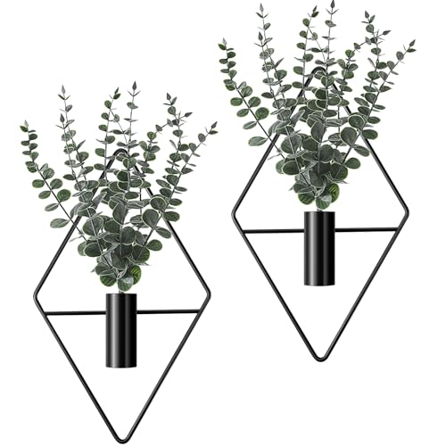 Jexine 4 Pcs Hanging Planters with Artificial Eucalyptus Metal Hanging Vase Indoor Plants Holder Modern Geometric Boho Bat...
