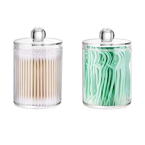 DAPOWER 2 Pack Qtip Holder Storage Canister for Cotton Ball, Cotton Swab, Pads, Floss; 10-Ounce Clear Plastic Apothecary J...