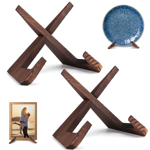 XKDOUS 2 Pack Plate Stand for Display, 6.5 Inch Wood Plate Display Holders, Picture Frame Holder, Cookbook Stand Recipe Bo...