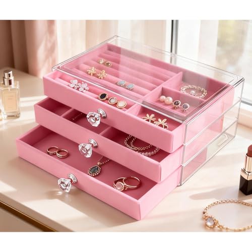 Jemjosh Clear Acrylic Velvet Jewelry Organizer with 3 Drawers, Stackable Display Storage Earrings Necklace Rings Bracelets...