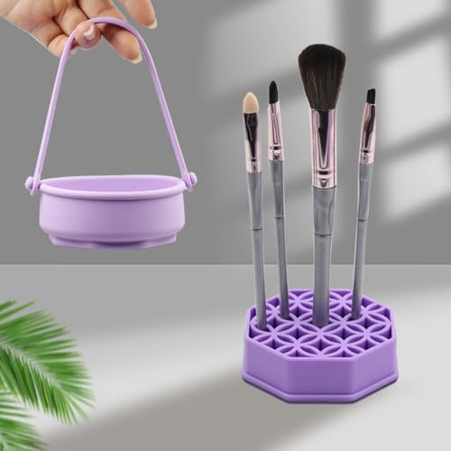 Makeup Brush Cleaning Mat - Makeup Brush Cleaner, Portable Silicone Makeup Brush Cleaner Bowl with Drying Holder (Purple)