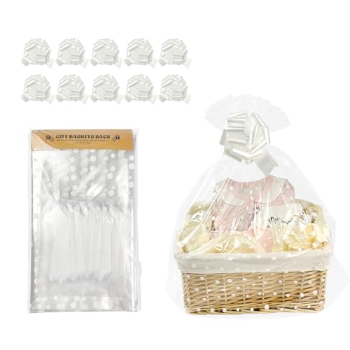 EKAPACKAGING 22x25 Inches 10 Pcs Large Cellophane Bags for Gift Baskets, Plastic Gift Basket Wrapping with Pull Ribbons, C...