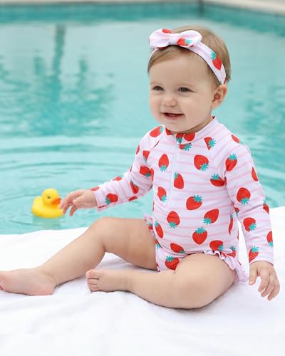 Yhnslsf Baby Swimsuit Girl Summer One-Piece Infant Bathing Suit with Hat Long Sleeve Ruffle Zipper Rash Guard Beach Swimwear