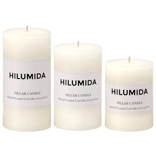 White Pillar Candles Set of 3 - Hand-Poured Unscented Candles, Smokeless Decorative Candles for Home, Set of 3 in Differen...