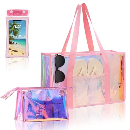 Cyrelwing 3PCS Iridescent Beach Tote Bag for Women Large Waterproof Beach Tote Bag for Swim Pool Summer Travel Vacation
