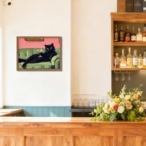 Framed Black Cat with Martini Wall Art Print, Whimsical Cute Cat Decor Paintings, Cocktail Art Bar Cart Decor, Funny Anima...