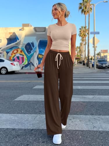 Trendy Queen 2 Piece Matching Summer Lounge Set Womens Side Ruching Top Wide Leg Pants Sets with Pockets