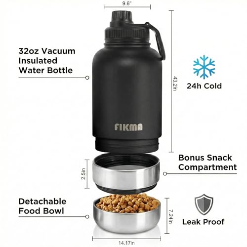 Fikma Insulated Dog Water Bottle with 2 Bowls, 32oz Insulated Stainless Steel Travel Bottle for Pets, Leak-Proof Portable ...