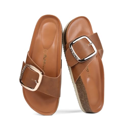 Dumalum Womens Slides Sandals Cork Footbed Flat Sandals Comfort Open Toe Buckle Flip Flops Slip On Home Slippers for Dress...