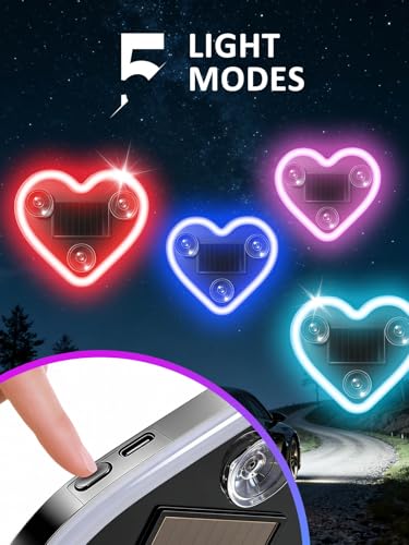 Car LED Ambient Light - Solar-Powered Heart-Shaped LED Neon Light, Wiring Free, Switchable Modes, Romantic Mood Decoratio...