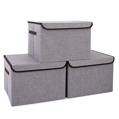 Bagnizer Large 17" 42 Quarts Collapsible Stackable Storage Bins with Lids [3-Pack] Foldable Fabric Linen Storage Boxes Cub...
