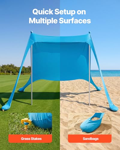 VEVOR Beach Tent Sun Shelter, UPF50+ Sun Protection, 6.6 ft Tall, 7.5x7.5 ft, Easy Pop Up Beach Canopy with Sandbags, Stab...