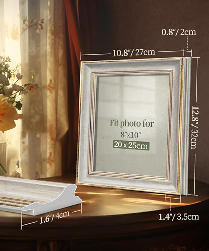 Afuly 8x10 Picture Frame Vintage Picture Frames Antique Retro White Gold Edge Photo Frame Gallery Wall Hanging Tabletop Di...