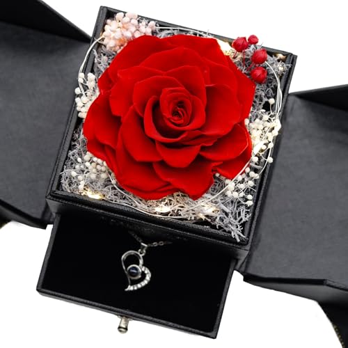 Preserved Real Rose with Heart I Love You Necklaces for Women in 100 Languages - Eternal Red Flowers Gifts for her Romanti...