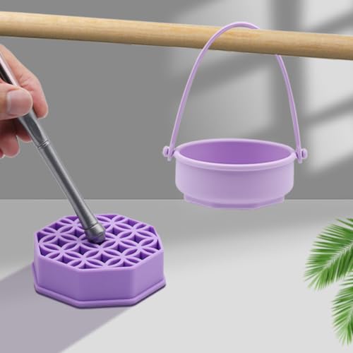 Makeup Brush Cleaning Mat - Makeup Brush Cleaner, Portable Silicone Makeup Brush Cleaner Bowl with Drying Holder (Purple)