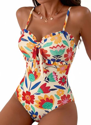 Herseas Women's One Piece Swimsuit Knotted Front Ruffle Trim Bathing Suits Tummy Control Cutout Swim Suits