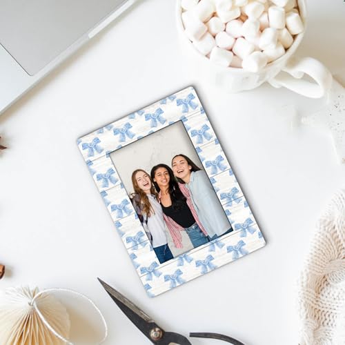 Foyoulame Blue Bow Picture Frame 4x6, Blue Preppy Coquette Bow Decor Wooden Picture Frame, Preppy Girly Gifts for Women Gi...