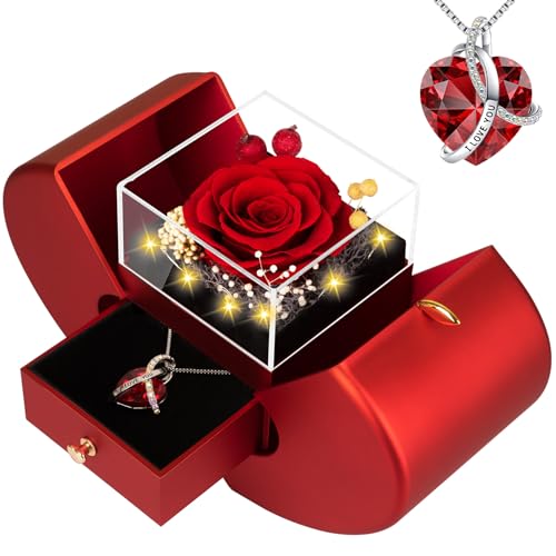 BNWXOY Preserved Real Red Rose with l Love You Necklace -Mothers Day Gifts for Mom Her Wife Girlfriend Women Grandma on Va...