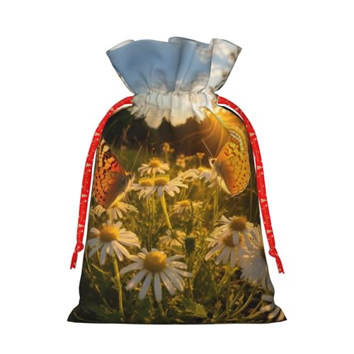 LHBZXMKJ Butterfly On Daisy Print Drawstring Present Bags Christmas gifts Wrapping Sacks Pouches for Xmas Party ﻿